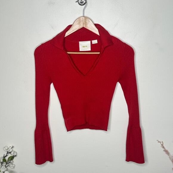ANTHROPOLOGIE x MAEVE Polo Ribbed Crop Sweater Bell Sleeve Red Sz XXS {J5} - Picture 5 of 8